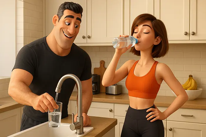 Vanduo iš čiaupo prieš butelius ir filtruotą vandenį